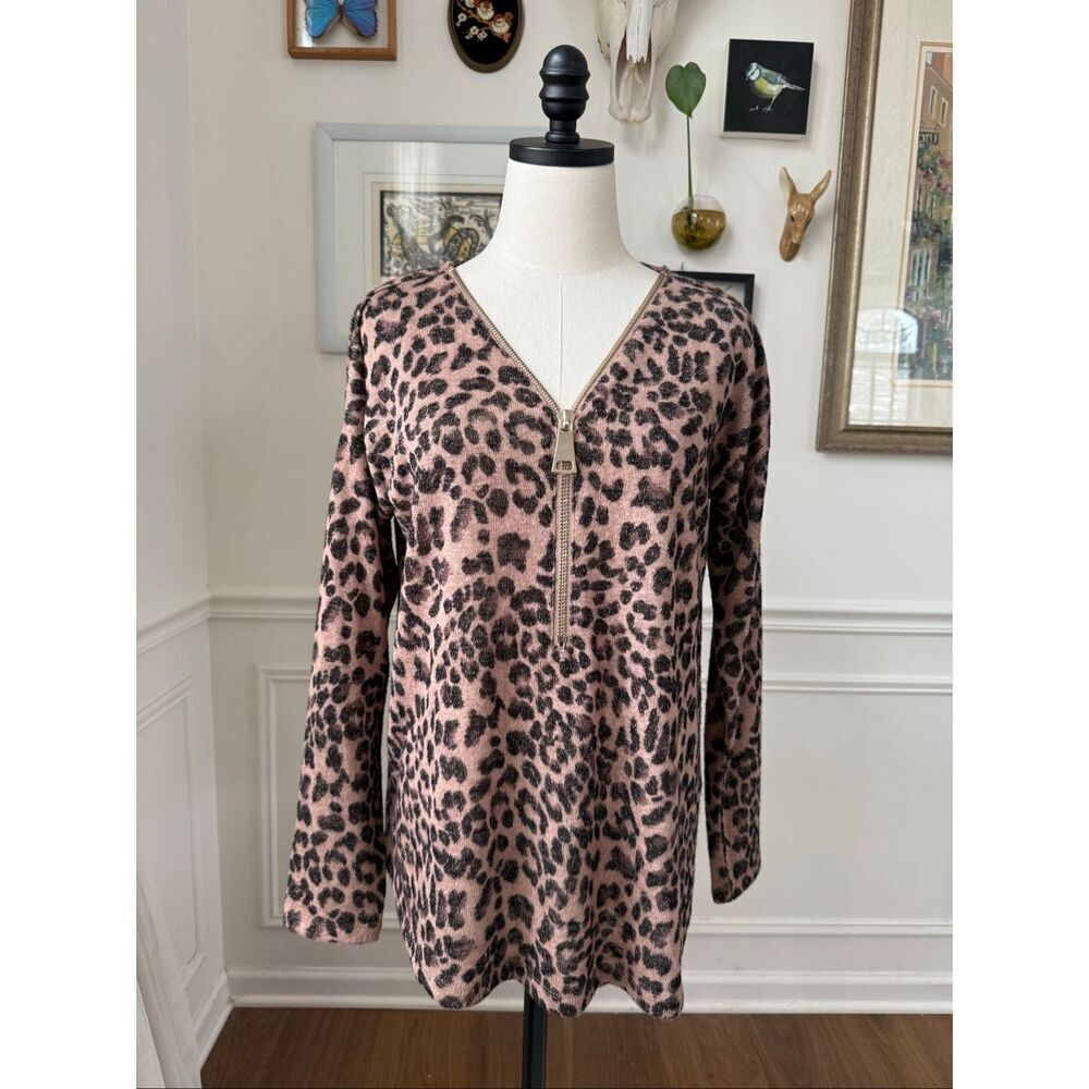 Soft Surroundings Valentina Zip Sweater Brown Leopard $75 M